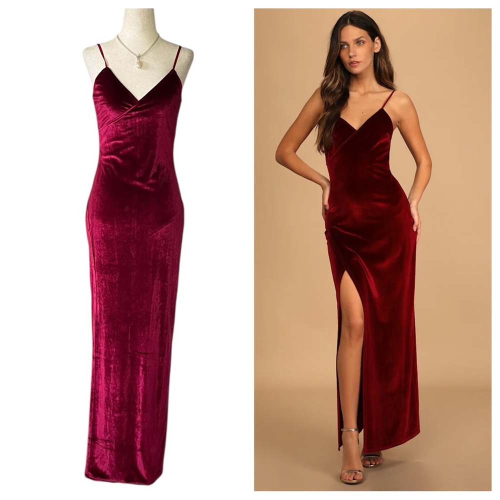 Lulus Debut Diva velvet gown in burgundy